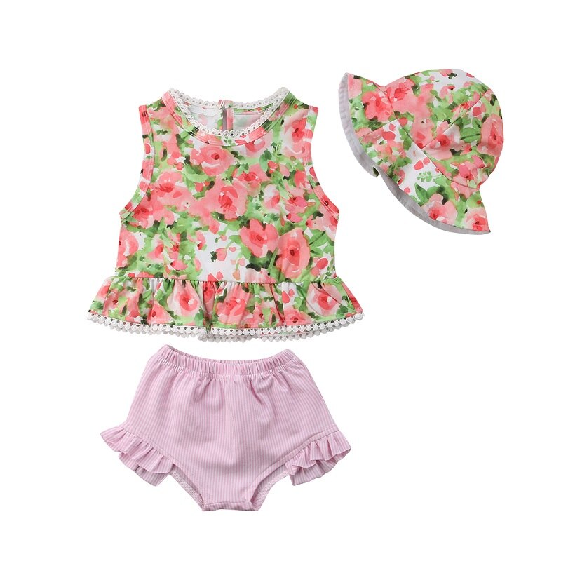 Baby Girl Clothes Pink Floral tassel Top+Cute Shorts+Hat 3pcs Hawaiian vacation Baby Clothing - ebowsos