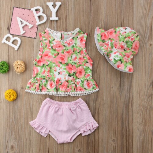 Baby Girl Clothes Pink Floral tassel Top+Cute Shorts+Hat 3pcs Hawaiian vacation Baby Clothing - ebowsos