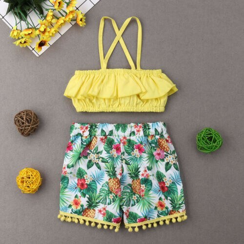 Baby Girl Clothes Set Ruffle T-Shirt Tops Floral Tassel Shorts Holiday Outfits Set Cute Casual Clothing - ebowsos