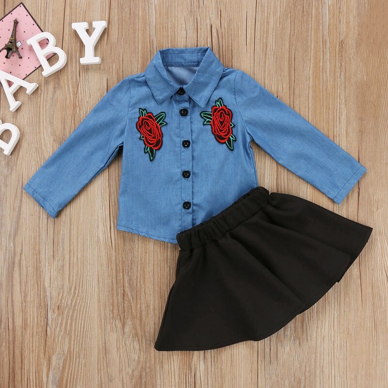 Baby Girl Clothes Sets Spring Floral Girls Skirt  Kids Baby Girls Outfits Flower Clothes Denim Shirt Tops +Tutu Skirt - ebowsos