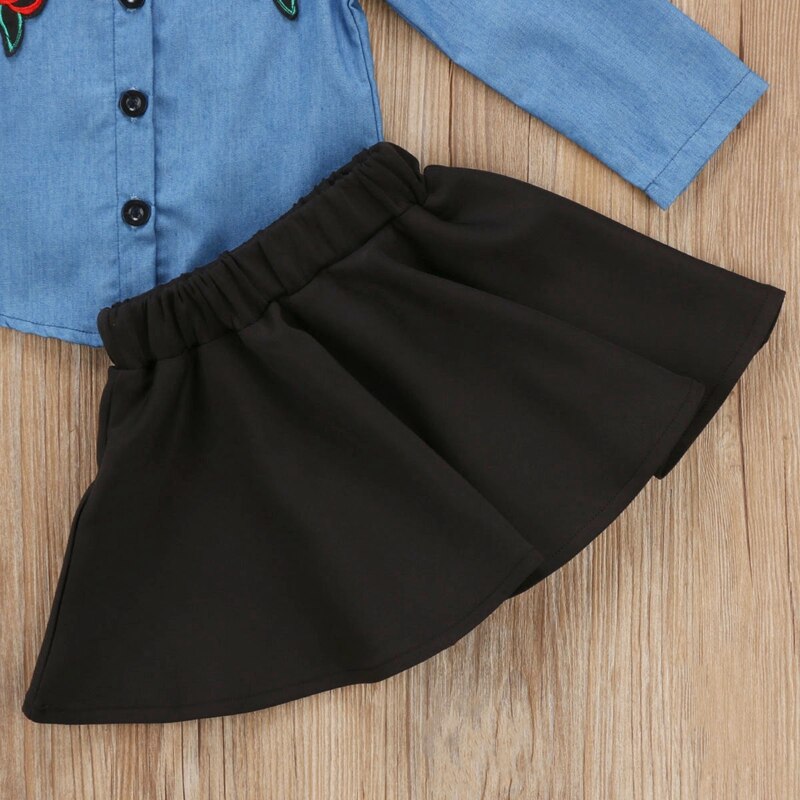 Baby Girl Clothes Sets Spring Floral Girls Skirt  Kids Baby Girls Outfits Flower Clothes Denim Shirt Tops +Tutu Skirt - ebowsos