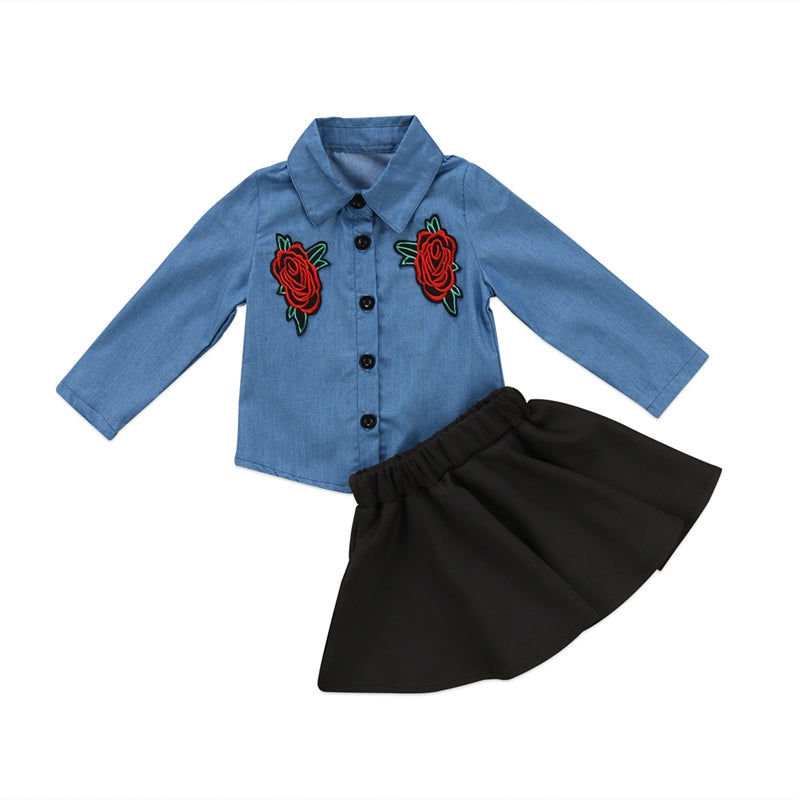 Baby Girl Clothes Sets Spring Floral Girls Skirt  Kids Baby Girls Outfits Flower Clothes Denim Shirt Tops +Tutu Skirt - ebowsos