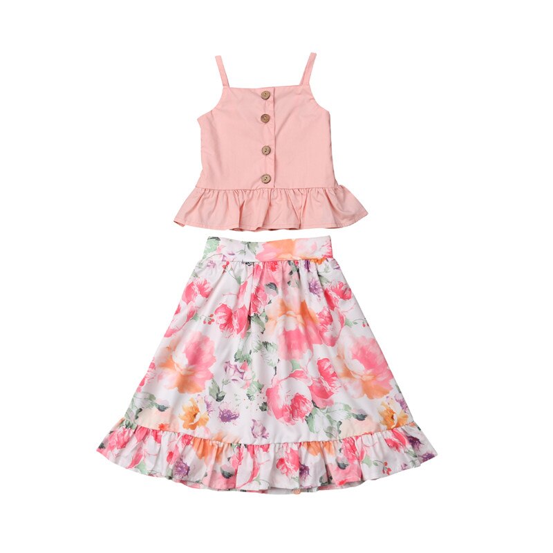 Baby Girl Clothes Strap Blouse Tops Floral+Skirt Dress Outfit 2Pcs Set Kids Clothing - ebowsos