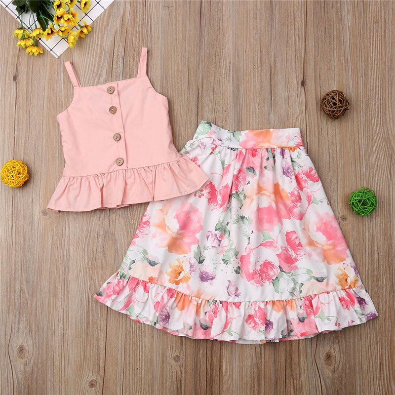 Baby Girl Clothes Strap Blouse Tops Floral+Skirt Dress Outfit 2Pcs Set Kids Clothing - ebowsos