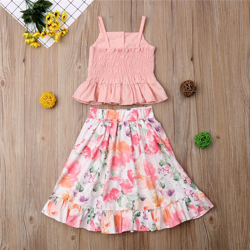 Baby Girl Clothes Strap Blouse Tops Floral+Skirt Dress Outfit 2Pcs Set Kids Clothing - ebowsos