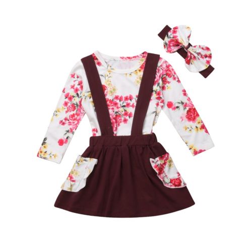 Baby Girl Clothes round neck Flower print long sleeve pullover Top Strap Button pocket Skirts bow Headband - ebowsos