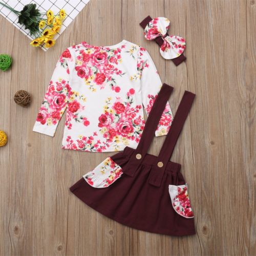 Baby Girl Clothes round neck Flower print long sleeve pullover Top Strap Button pocket Skirts bow Headband - ebowsos