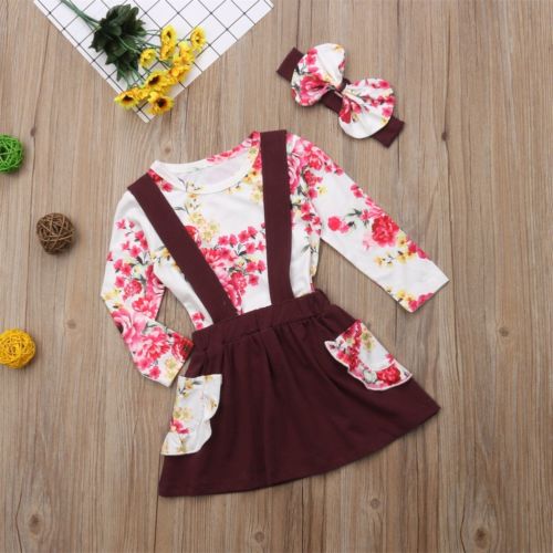 Baby Girl Clothes round neck Flower print long sleeve pullover Top Strap Button pocket Skirts bow Headband - ebowsos