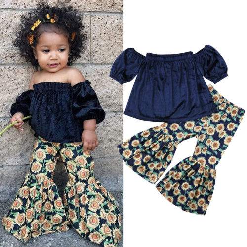 Baby Girl Clothing 2Pcs Set Off shoulder Tank Tops +Sunflower Bell Bottom Trouser Outfits Children Summer Clothes - ebowsos