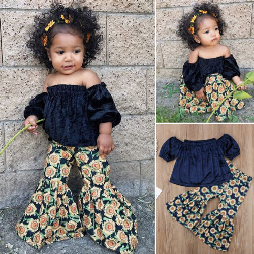 Baby Girl Clothing 2Pcs Set Off shoulder Tank Tops +Sunflower Bell Bottom Trouser Outfits Children Summer Clothes - ebowsos