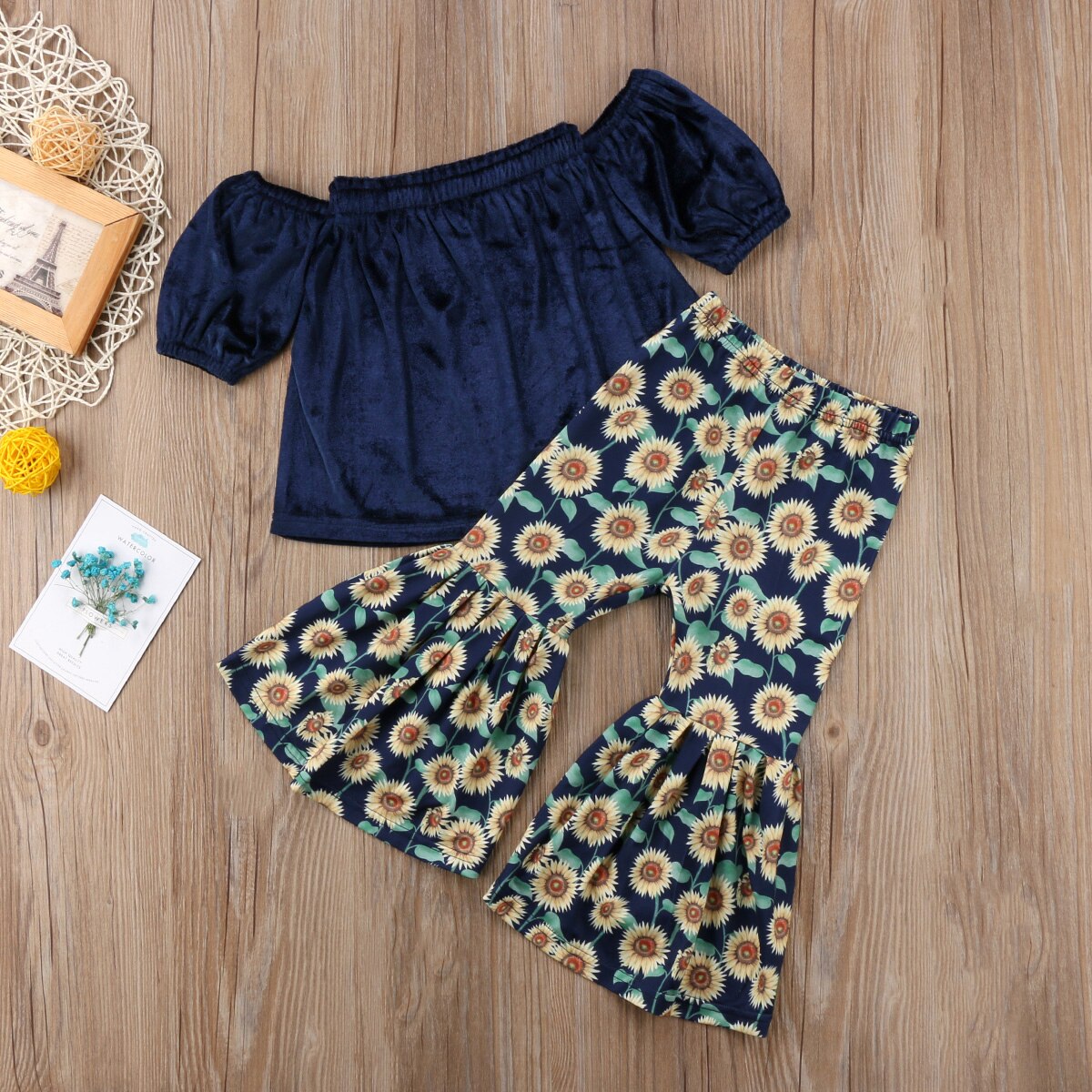 Baby Girl Clothing 2Pcs Set Off shoulder Tank Tops +Sunflower Bell Bottom Trouser Outfits Children Summer Clothes - ebowsos