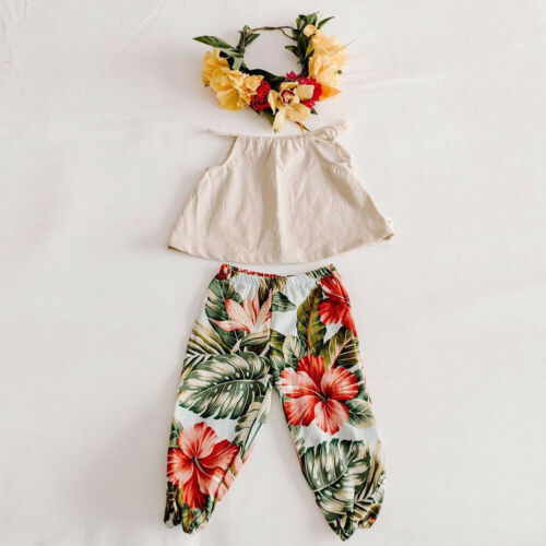 Baby Girl Clothing Sleeveless Halter Vest Tops Floral Long Harem Pants 2Pcs Summer Boho Child Girl Outfits - ebowsos