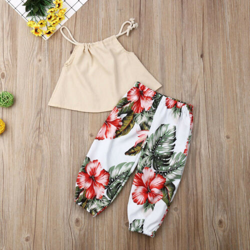 Baby Girl Clothing Sleeveless Halter Vest Tops Floral Long Harem Pants 2Pcs Summer Boho Child Girl Outfits - ebowsos