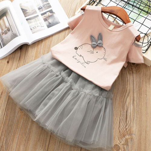 Baby Girl Dress 2pcs ste Off shoulder T-Shirt Tops+Tutu Mini Skirt Outfits Easter Bunny cartoon Clothing - ebowsos