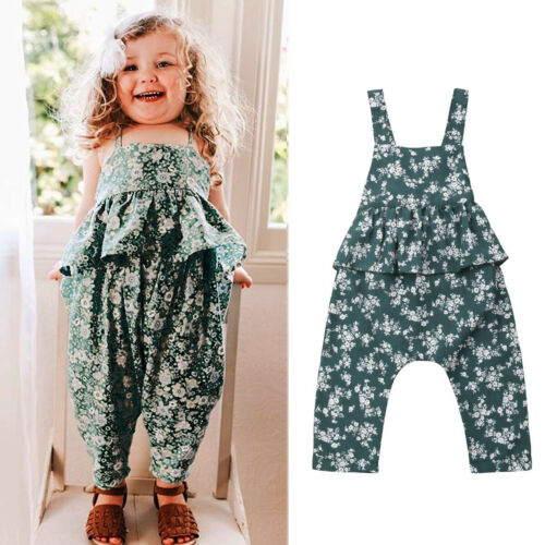 Baby Girl Floral Clothes Ruffle Bib Pants Romper Overalls 1P Outfit 1-6Y - ebowsos