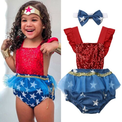 Baby Girl Infant My First 4th of July Clothes Sequin Romper 2PCS Outfits Set - ebowsos