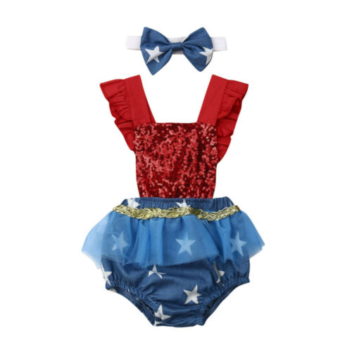 Baby Girl Infant My First 4th of July Clothes Sequin Romper 2PCS Outfits Set - ebowsos