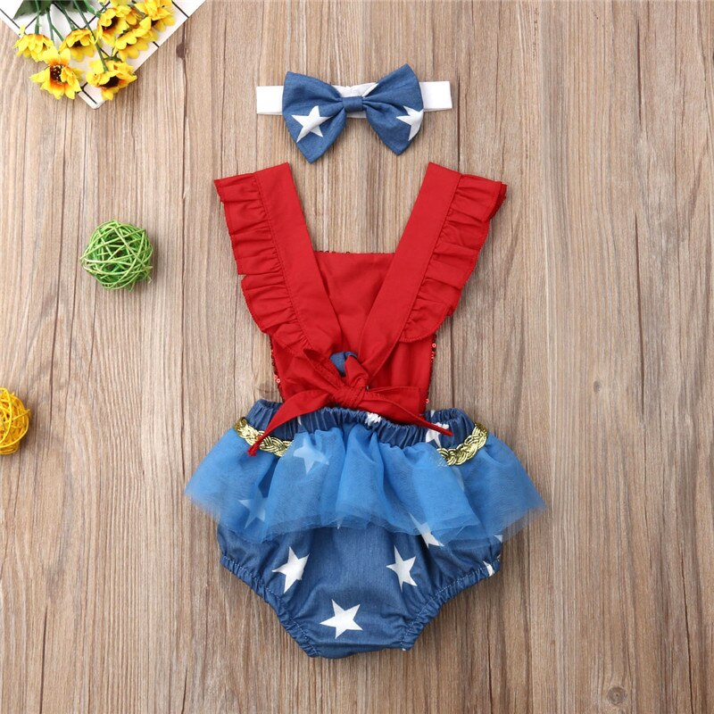 Baby Girl Infant My First 4th of July Clothes Sequin Romper 2PCS Outfits Set - ebowsos