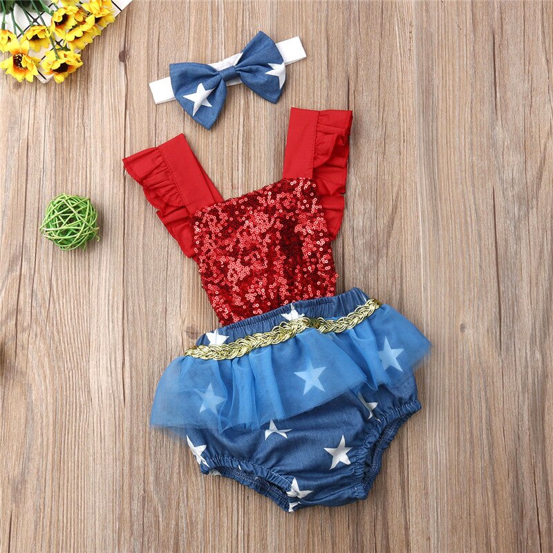 Baby Girl Infant My First 4th of July Clothes Sequin Romper 2PCS Outfits Set - ebowsos