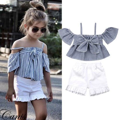 Baby Girl Kid Clothes Bow Top T-shirt + Shorts Pants Outfit Set New Baby Summer Set Stripe Bow Lace Up Top + Short - ebowsos