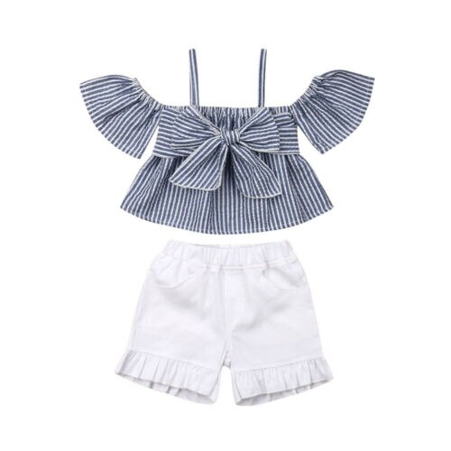 Baby Girl Kid Clothes Bow Top T-shirt + Shorts Pants Outfit Set New Baby Summer Set Stripe Bow Lace Up Top + Short - ebowsos