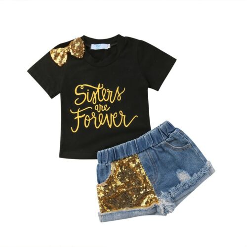 Baby Girl Letter Print T-shirt Tops+Sequins Denim Shorts Jeans 2PCS Outfits Children Clothing Set - ebowsos