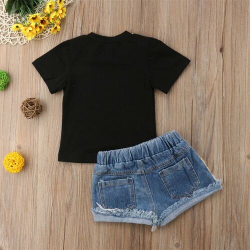 Baby Girl Letter Print T-shirt Tops+Sequins Denim Shorts Jeans 2PCS Outfits Children Clothing Set - ebowsos