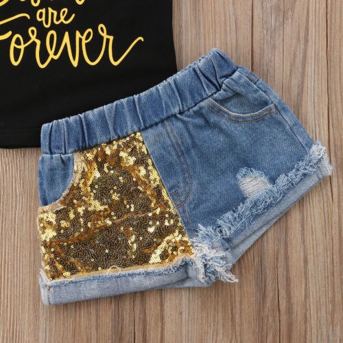 Baby Girl Letter Print T-shirt Tops+Sequins Denim Shorts Jeans 2PCS Outfits Children Clothing Set - ebowsos