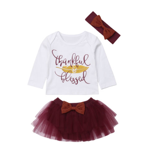 Baby Girl Letter T-shirt Suit Bow Tutu Skirt Headband 3pcs Cotton Outfit Thanksgiving Clothing Baby Girl Clothes - ebowsos