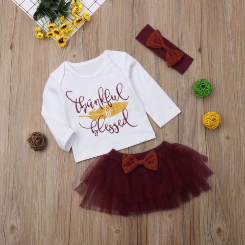 Baby Girl Letter T-shirt Suit Bow Tutu Skirt Headband 3pcs Cotton Outfit Thanksgiving Clothing Baby Girl Clothes - ebowsos