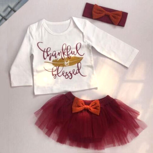 Baby Girl Letter T-shirt Suit Bow Tutu Skirt Headband 3pcs Cotton Outfit Thanksgiving Clothing Baby Girl Clothes - ebowsos