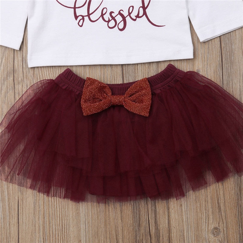 Baby Girl Letter T-shirt Suit Bow Tutu Skirt Headband 3pcs Cotton Outfit Thanksgiving Clothing Baby Girl Clothes - ebowsos