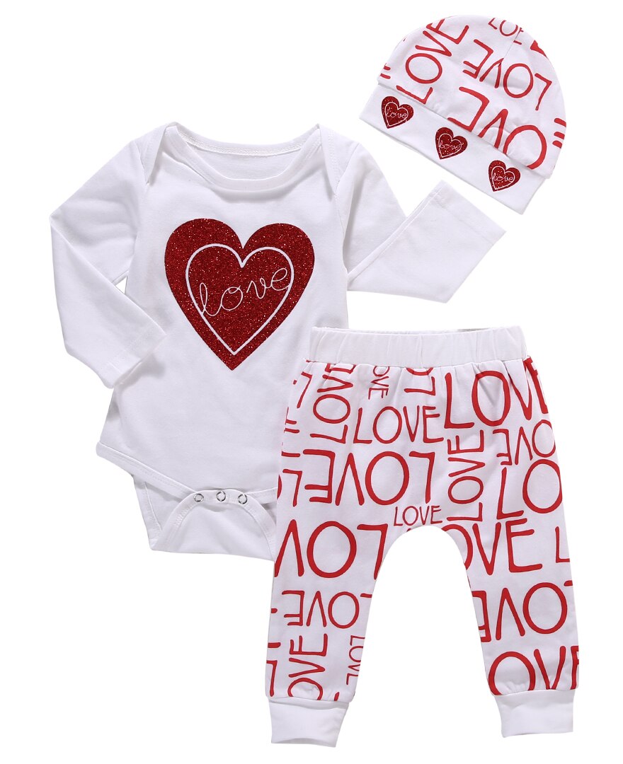 Baby Girl Love Heart Romper Jumpsuit+Pants Leggings+Hat Caps Lovely Baby Outfits Set Clothes 0 to 18M - ebowsos