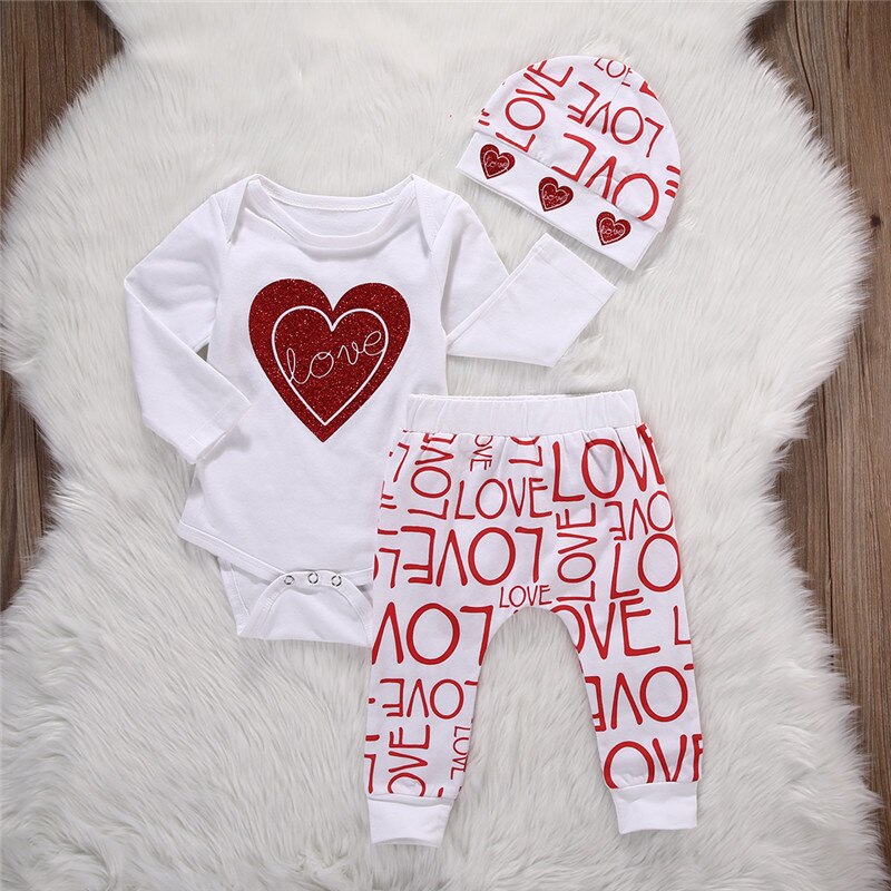 Baby Girl Love Heart Romper Jumpsuit+Pants Leggings+Hat Caps Lovely Baby Outfits Set Clothes 0 to 18M - ebowsos