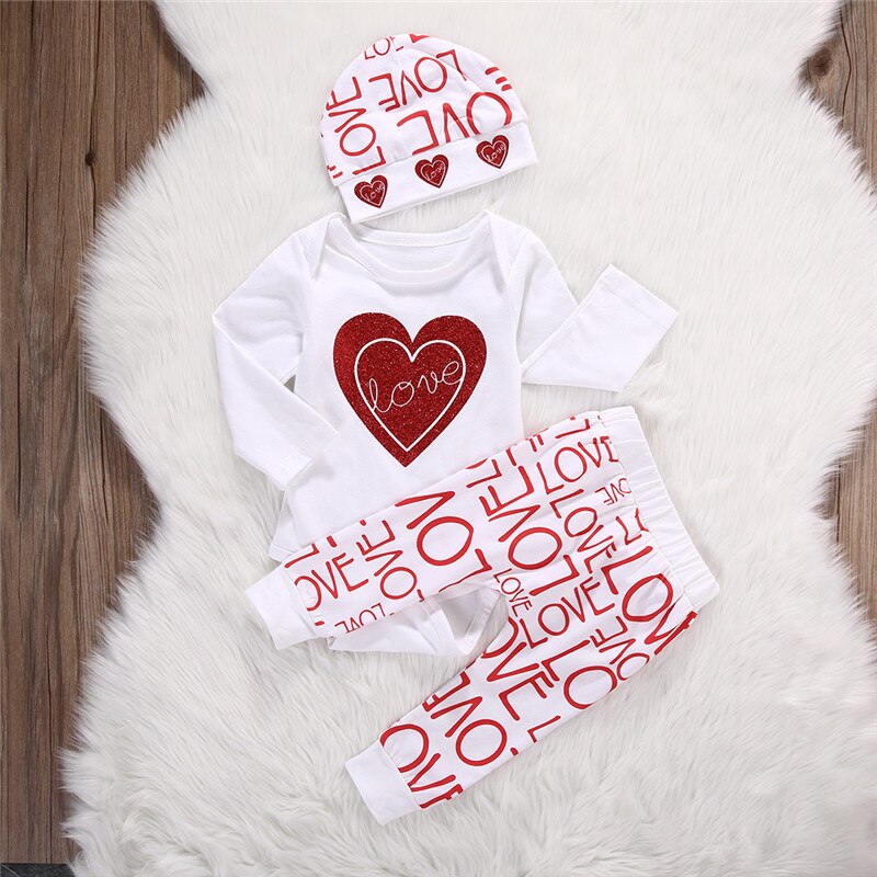 Baby Girl Love Heart Romper Jumpsuit+Pants Leggings+Hat Caps Lovely Baby Outfits Set Clothes 0 to 18M - ebowsos