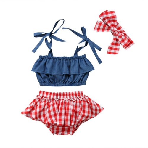 Baby Girl Outfits Sleeveless Tops+Headband+Short Pants Red Plaid Cotton Clothes - ebowsos