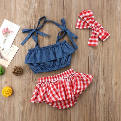 Baby Girl Outfits Sleeveless Tops+Headband+Short Pants Red Plaid Cotton Clothes - ebowsos