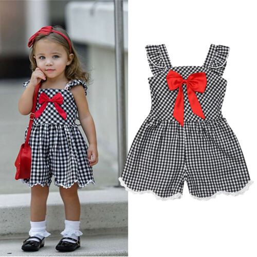 Baby Girl Plaid Romper Sleeveless Cotton Jumpsuit Shorts Playsuit Summer 1-6T - ebowsos