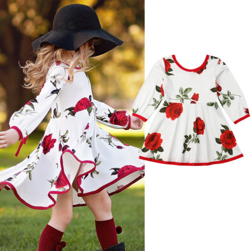 Baby Girl Rose Flower Dress Spring Summer Long Sleeve Party Pageant Cute Princess Swing Tutu Dress Clothes - ebowsos