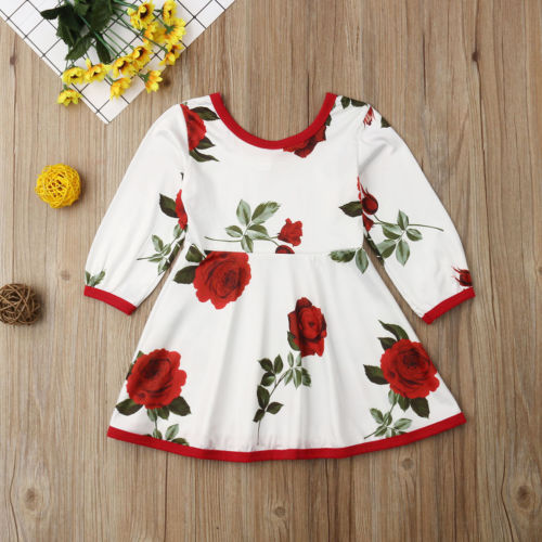 Baby Girl Rose Flower Dress Spring Summer Long Sleeve Party Pageant Cute Princess Swing Tutu Dress Clothes - ebowsos