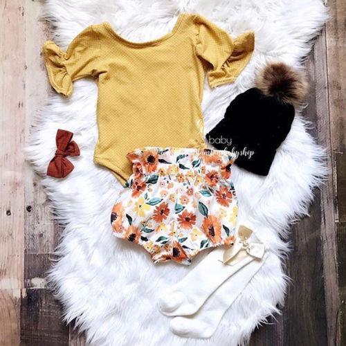 Baby Girl Set Summer Floral Baby Clothing Ruffle Romper Top Shorts Pants Outfit New Born Girl Clothes Girls Clothing Set Outfits - ebowsos