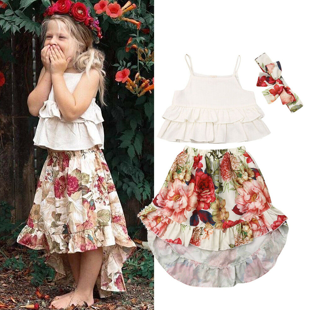 Baby Girl Sleeveless Vest Tops Floral Skirt Headband 3PCS Outfits Princess Girls Boho Clothes Set - ebowsos