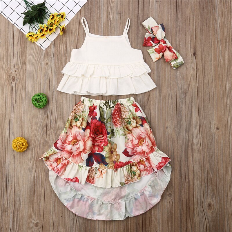 Baby Girl Sleeveless Vest Tops Floral Skirt Headband 3PCS Outfits Princess Girls Boho Clothes Set - ebowsos