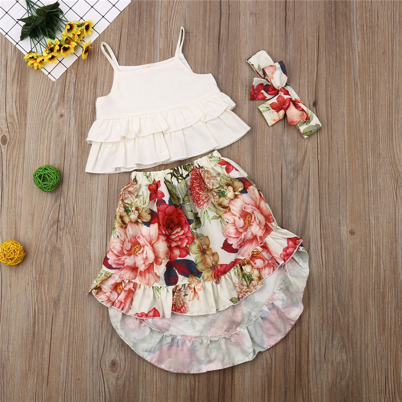 Baby Girl Sleeveless Vest Tops Floral Skirt Headband 3PCS Outfits Princess Girls Boho Clothes Set - ebowsos