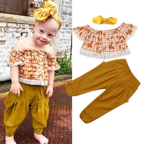 Baby Girl Summer Clothes 3Pcs Off Shoulder Top Long Pants Headband Outfit - ebowsos