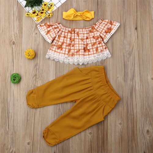 Baby Girl Summer Clothes 3Pcs Off Shoulder Top Long Pants Headband Outfit - ebowsos