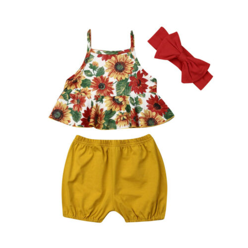 Baby Girl Summer Clothes Sunflower Vest Sling Tops+Shorts 3PCS Outfits Set - ebowsos