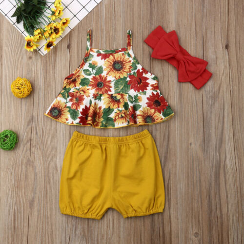 Baby Girl Summer Clothes Sunflower Vest Sling Tops+Shorts 3PCS Outfits Set - ebowsos