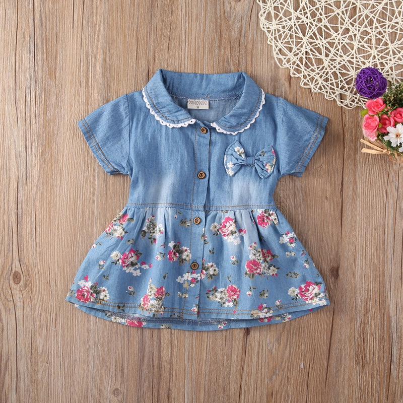 Baby Girl Summer Flower A-line Princess Denim Dress Party Wedding Pageant Short Sleeve Dresses Clothes 0-4 - ebowsos