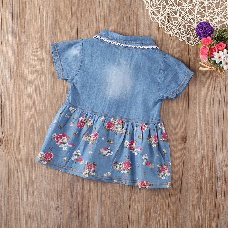 Baby Girl Summer Flower A-line Princess Denim Dress Party Wedding Pageant Short Sleeve Dresses Clothes 0-4 - ebowsos